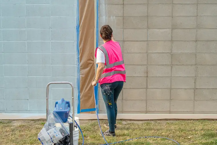 Peintre en gilet rose qui projette la peinture au pistolet sur un grand mur